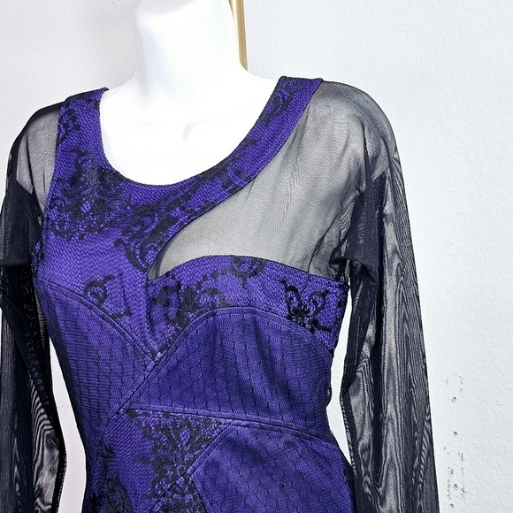 BCBGMaxAzria Mini Dress Mesh Long Sleeves Cut Outs Persian Blue Black - Picture 3 of 7